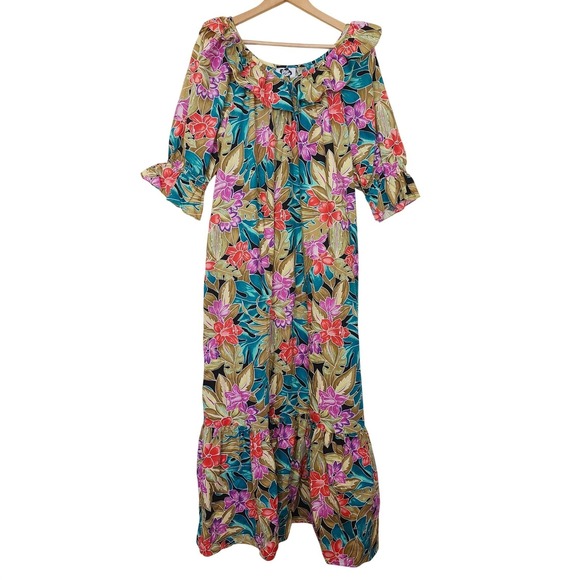 Hilo Hattie Floral Maxi Dress Women Size L Multicolor Tropical Hibiscus Ruffle - Picture 3 of 10